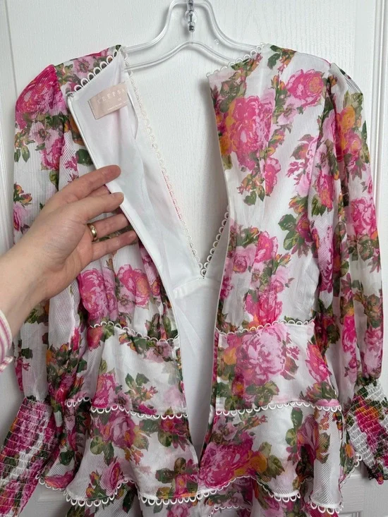 Keepsake Oblivion Tiered Mini Dress Size XS White Pink Floral - Picture 11 of 15